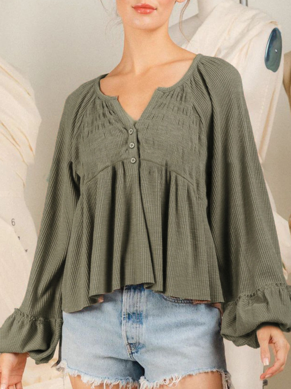 Notched Balloon Sleeve Peplum Blouse Luvéillé