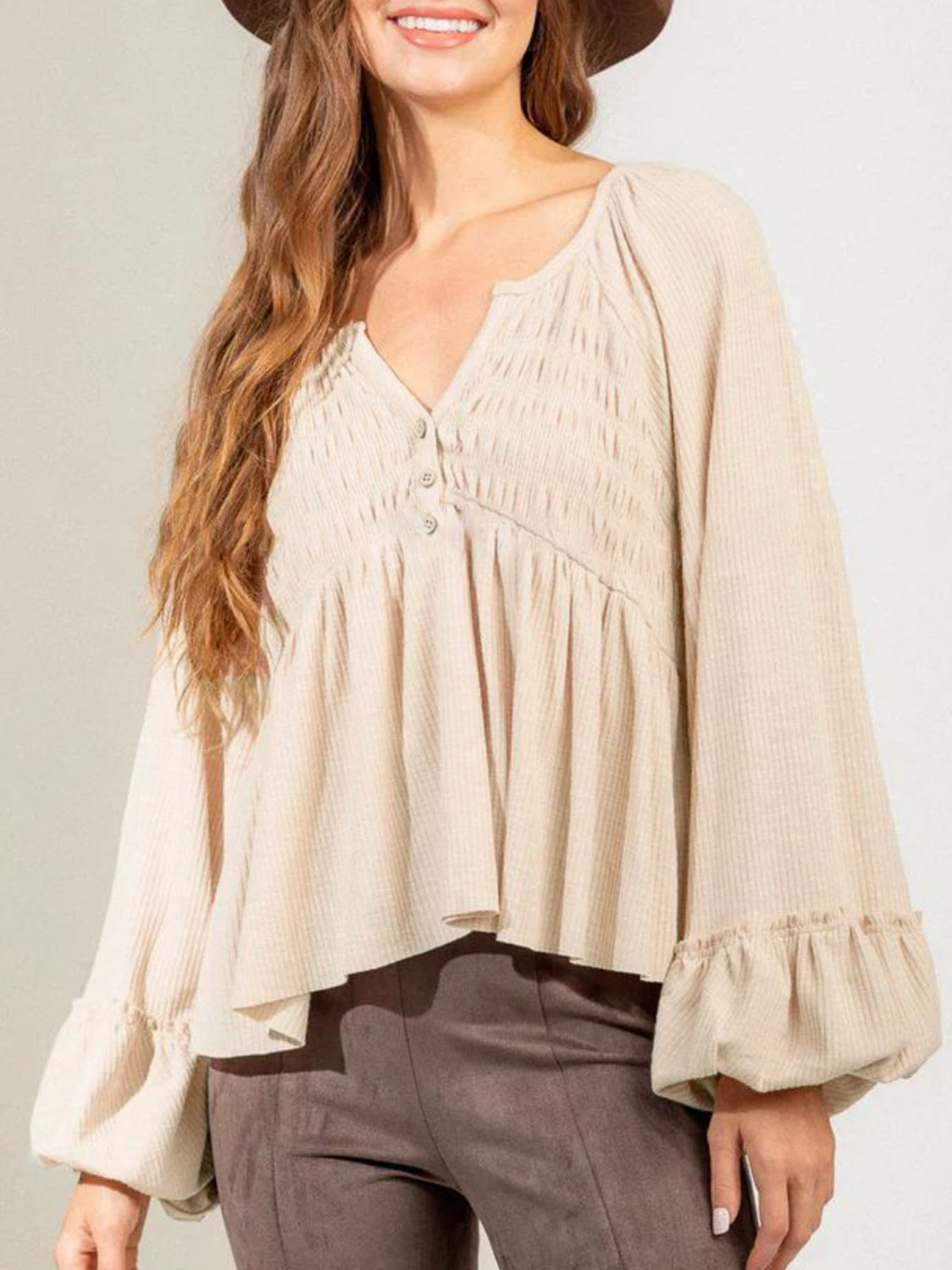 Notched Balloon Sleeve Peplum Blouse Luvéillé