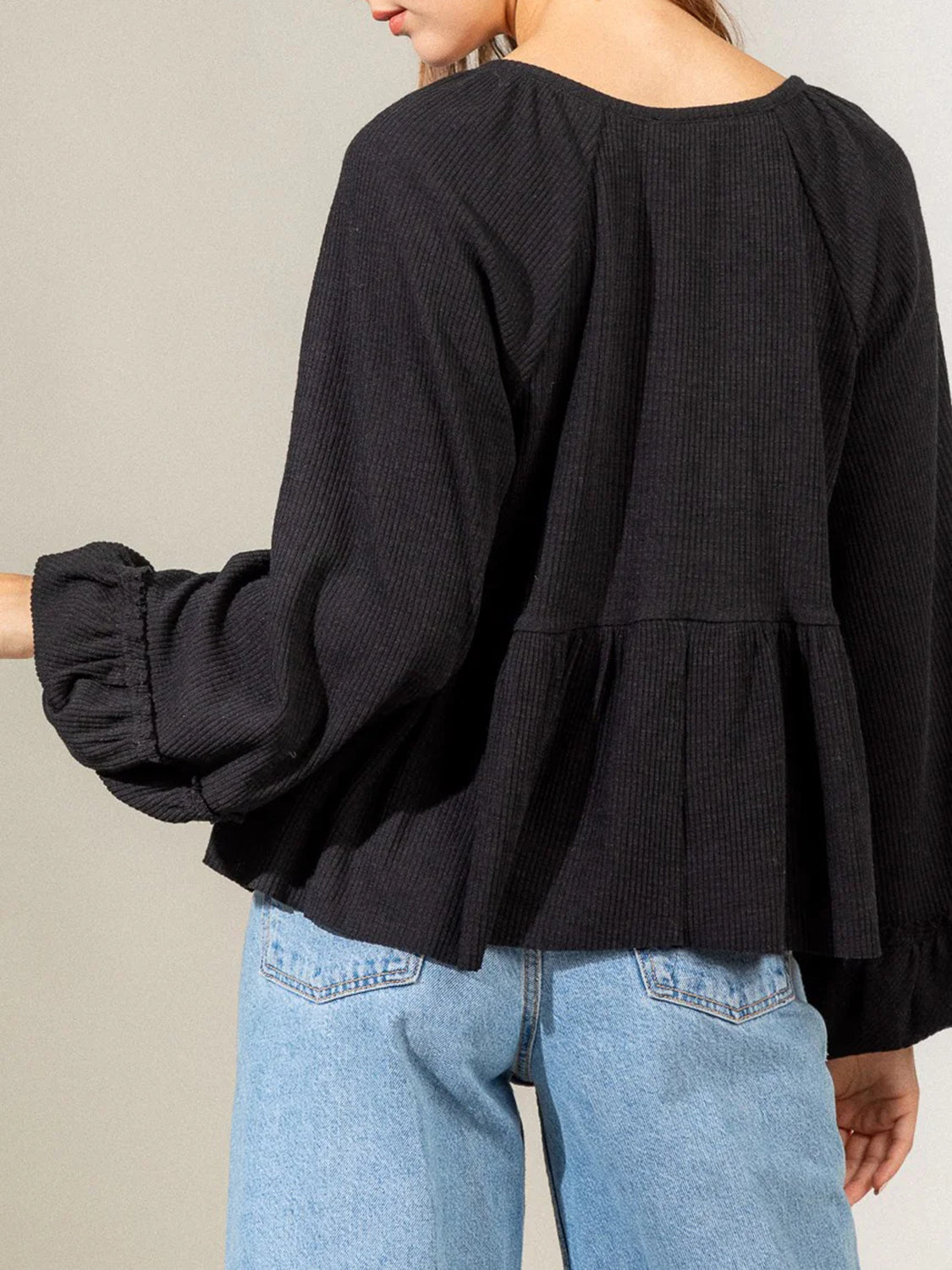 Notched Balloon Sleeve Peplum Blouse Luvéillé