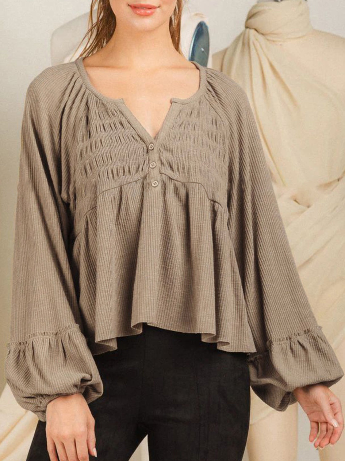 Notched Balloon Sleeve Peplum Blouse Luvéillé