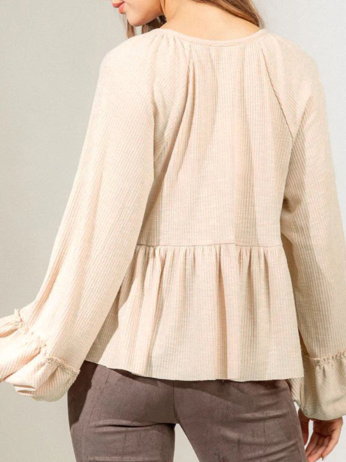 Notched Balloon Sleeve Peplum Blouse Luvéillé