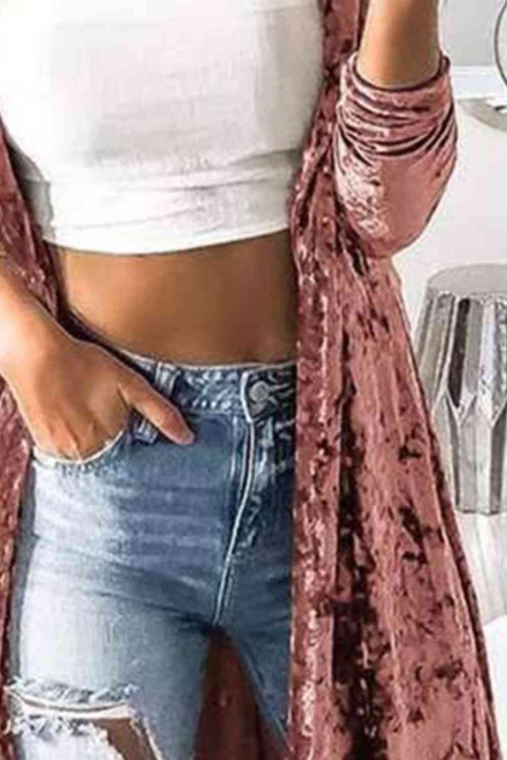 Open Front Long Sleeve Longline Velvet Cardigan Luvéillé