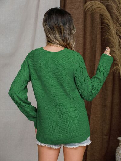 Openwork Round Neck Raglan Sleeve Sweater Luvéillé