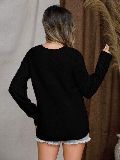 Openwork Round Neck Raglan Sleeve Sweater Luvéillé