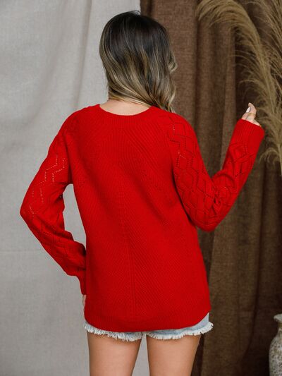 Openwork Round Neck Raglan Sleeve Sweater Luvéillé