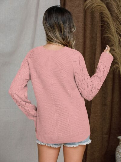Openwork Round Neck Raglan Sleeve Sweater Luvéillé