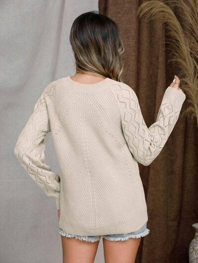 Openwork Round Neck Raglan Sleeve Sweater Luvéillé