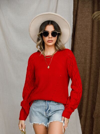 Openwork Round Neck Raglan Sleeve Sweater Luvéillé