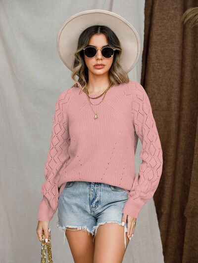 Openwork Round Neck Raglan Sleeve Sweater Luvéillé