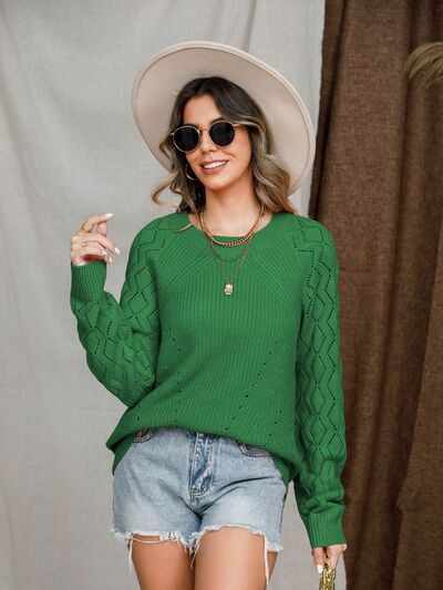 Openwork Round Neck Raglan Sleeve Sweater Luvéillé