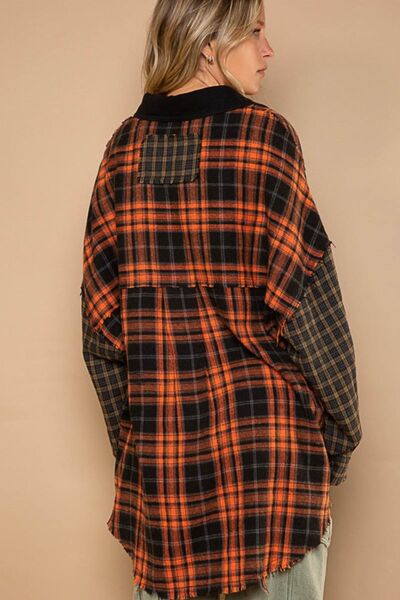 POL Plaid Contrast Long Sleeve Raw Hem Shacket with Chest Pockets Luvéillé