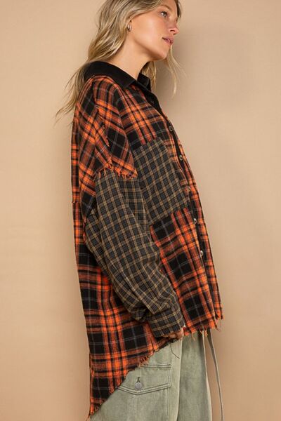 POL Plaid Contrast Long Sleeve Raw Hem Shacket with Chest Pockets Luvéillé