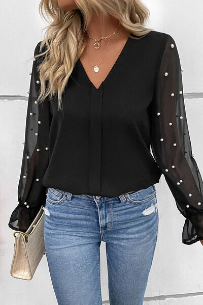 Pearl Detail V-Neck Flounce Sleeve Blouse Luvéillé