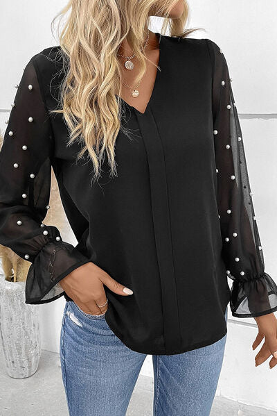 Pearl Detail V-Neck Flounce Sleeve Blouse Luvéillé