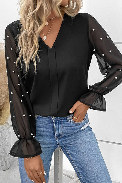 Pearl Detail V-Neck Flounce Sleeve Blouse Luvéillé
