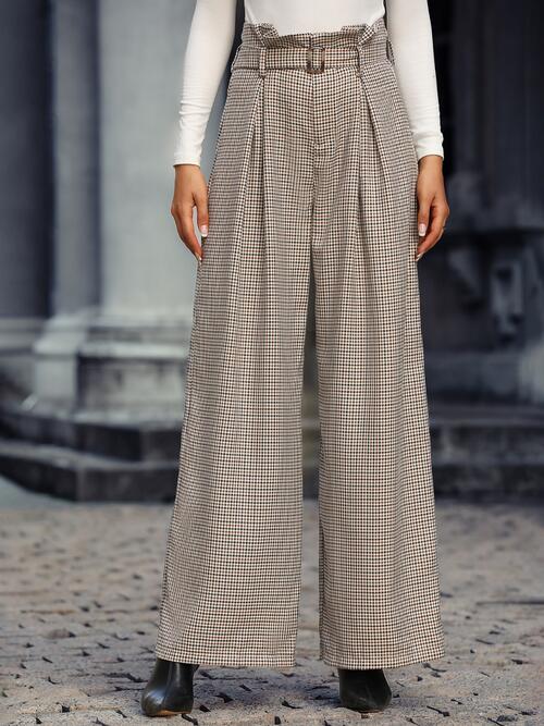 Plaid Wide Leg Pants With Belt Luvéillé