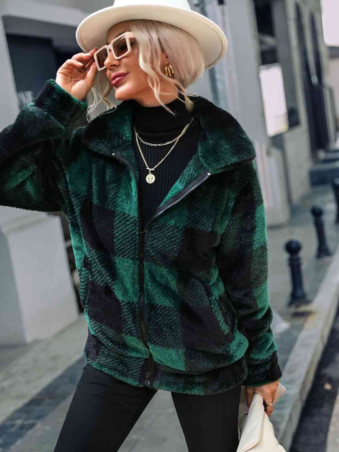 Plaid Zip-Up Collared Jacket Luvéillé