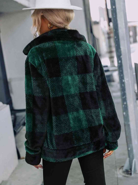Plaid Zip-Up Collared Jacket Luvéillé