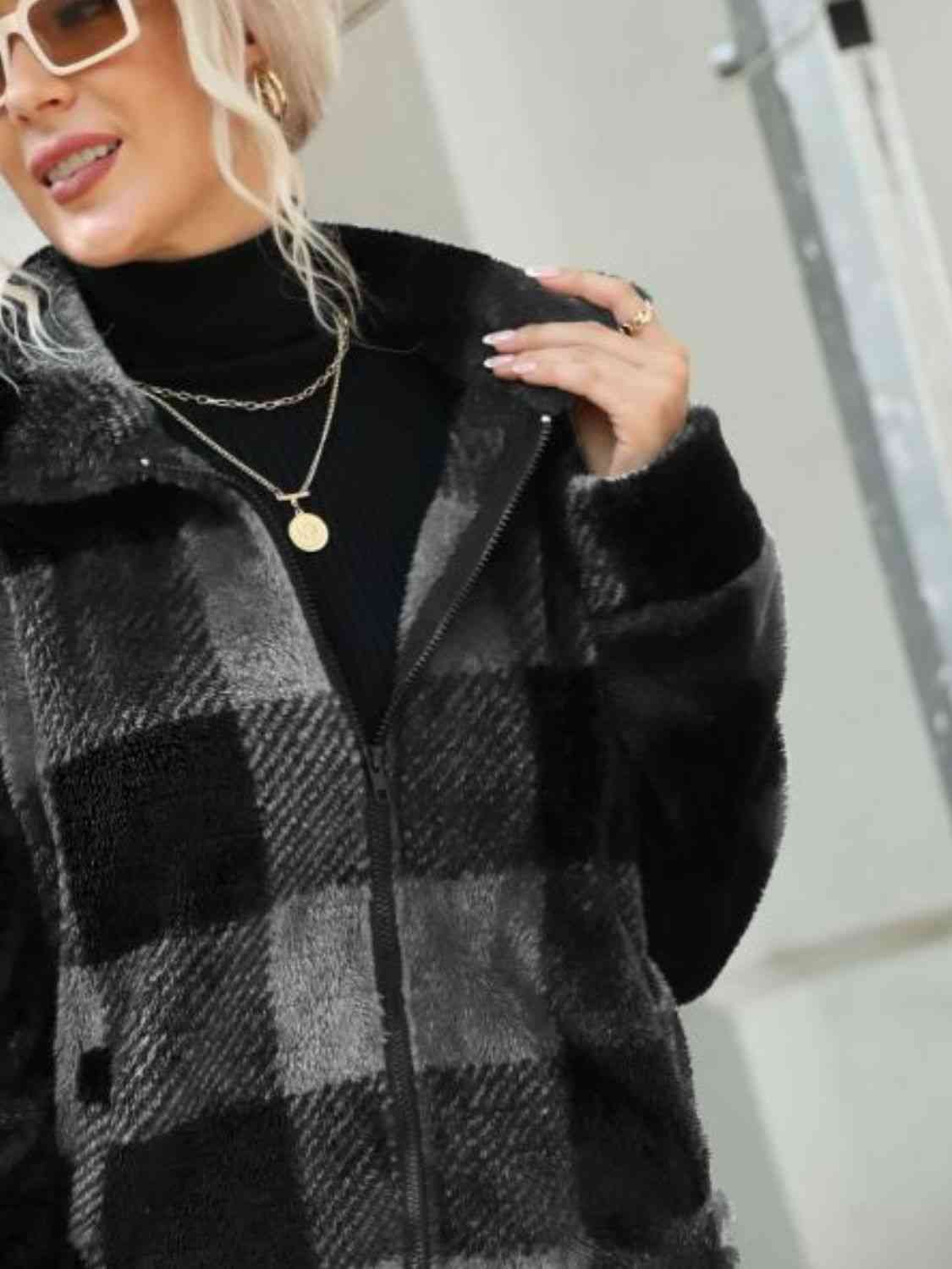Plaid Zip-Up Collared Jacket Luvéillé