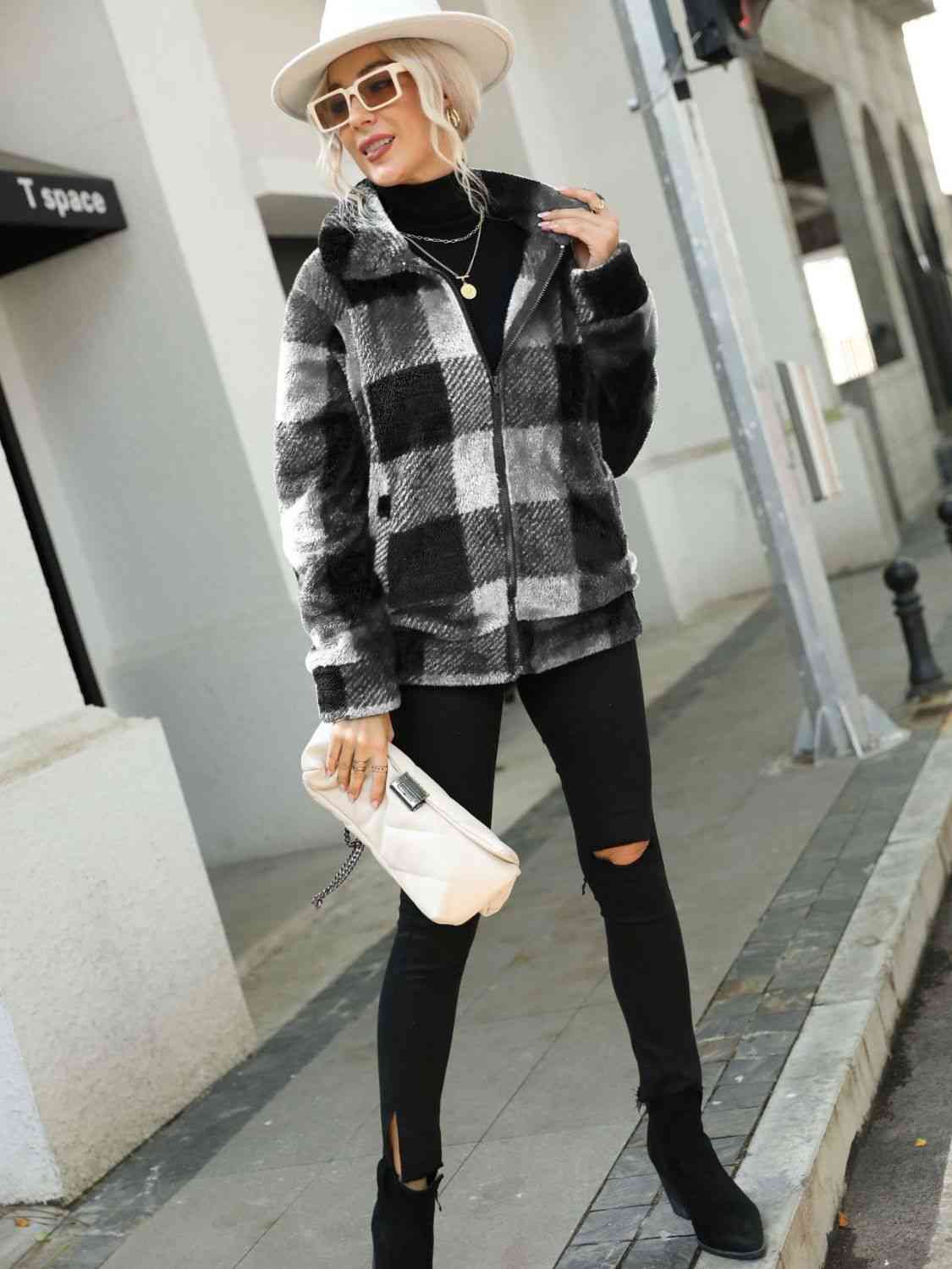 Plaid Zip-Up Collared Jacket Luvéillé