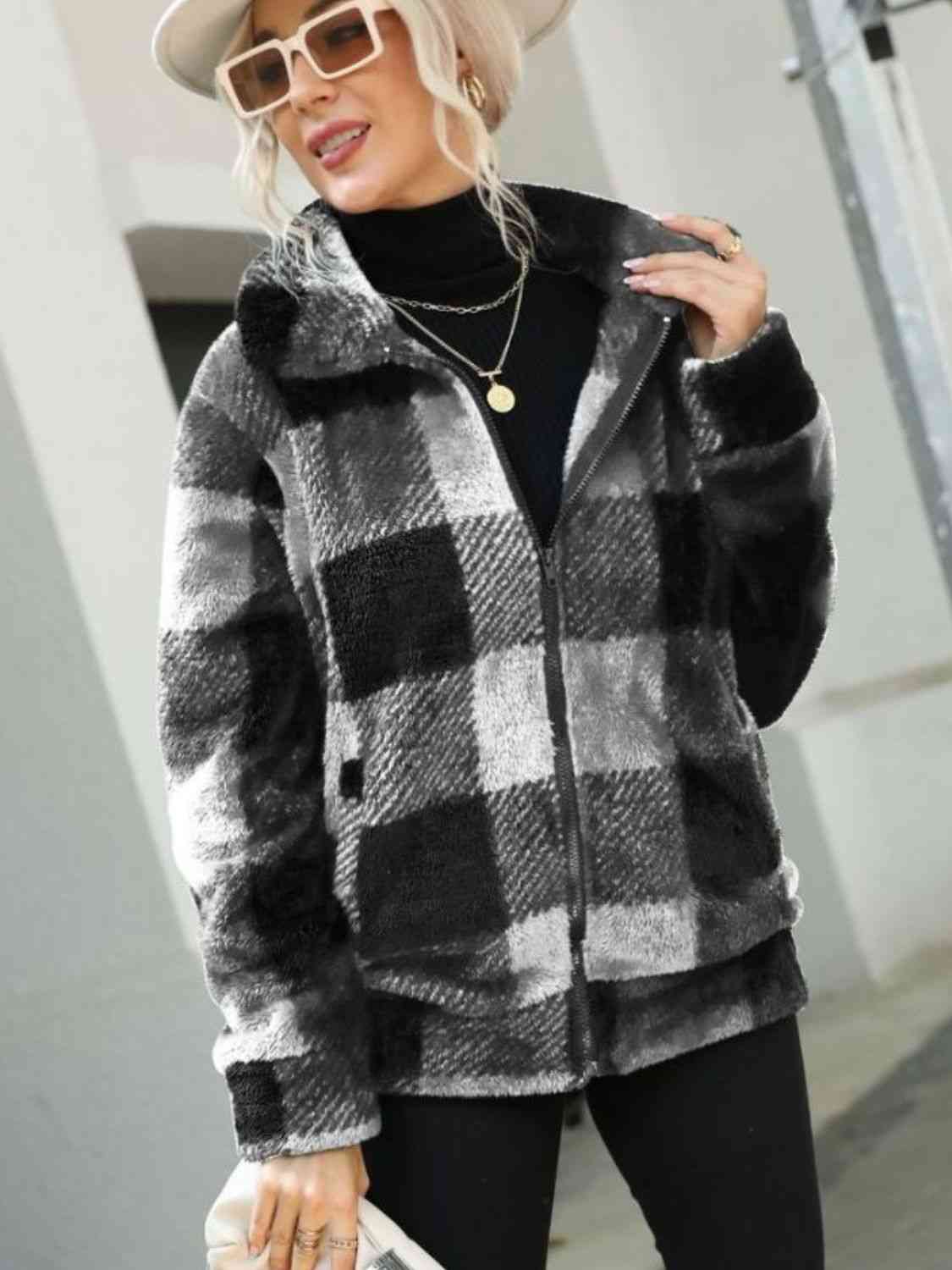 Plaid Zip-Up Collared Jacket Luvéillé