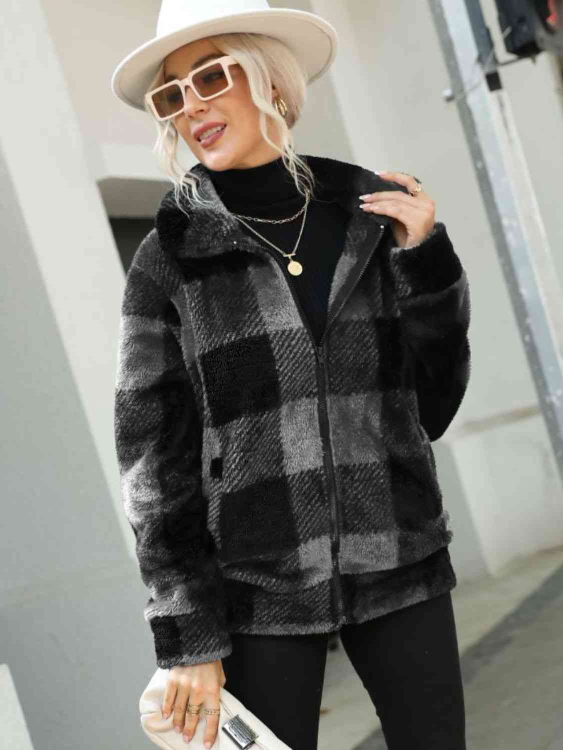 Plaid Zip-Up Collared Jacket Luvéillé