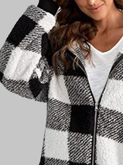 Plaid Zip-Up Hooded Jacket with Pockets Luvéillé