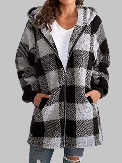 Plaid Zip-Up Hooded Jacket with Pockets Luvéillé