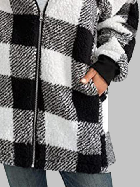 Plaid Zip-Up Hooded Jacket with Pockets Luvéillé