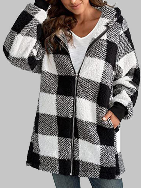Plaid Zip-Up Hooded Jacket with Pockets Luvéillé