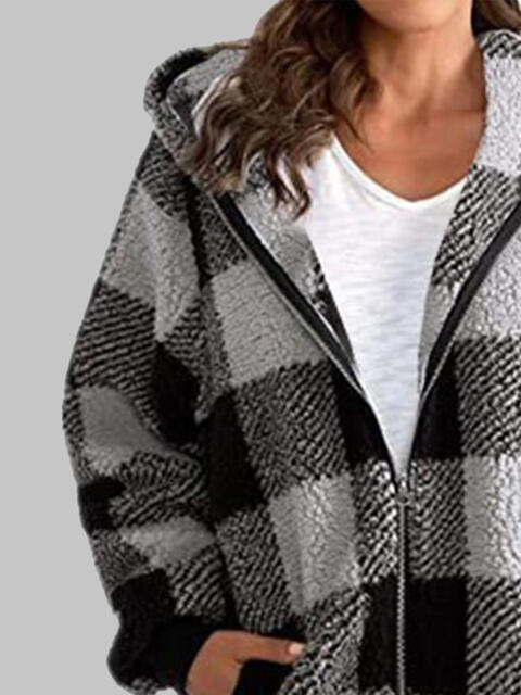 Plaid Zip-Up Hooded Jacket with Pockets Luvéillé