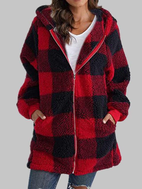 Plaid Zip-Up Hooded Jacket with Pockets Luvéillé