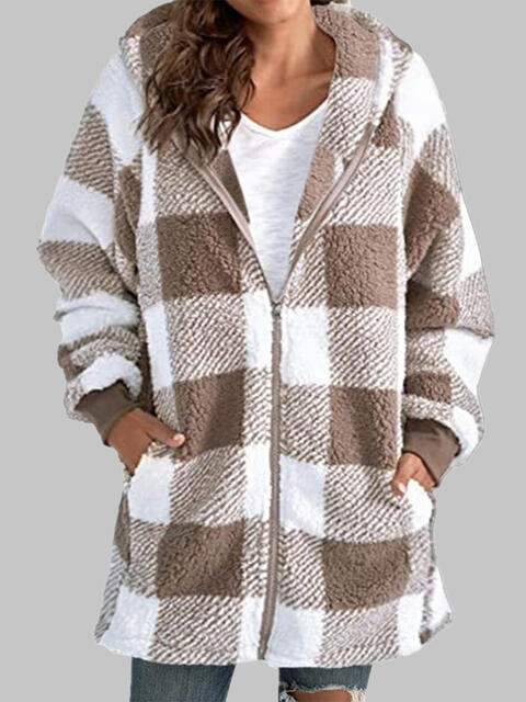 Plaid Zip-Up Hooded Jacket with Pockets Luvéillé