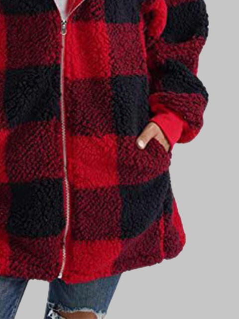 Plaid Zip-Up Hooded Jacket with Pockets Luvéillé