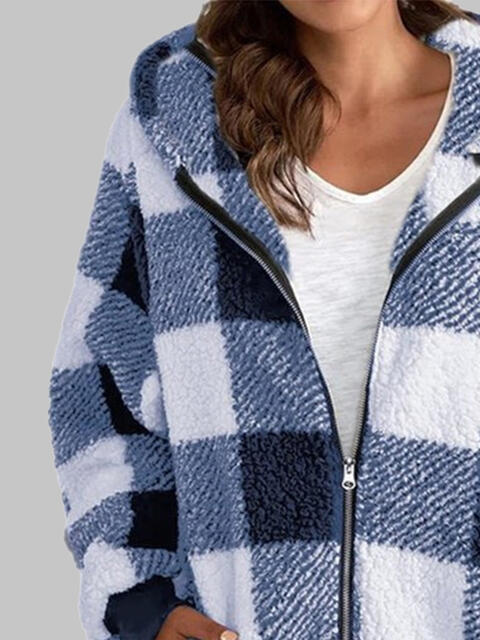 Plaid Zip-Up Hooded Jacket with Pockets Luvéillé