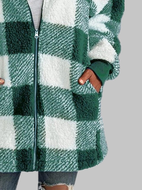 Plaid Zip-Up Hooded Jacket with Pockets Luvéillé