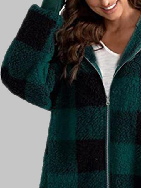 Plaid Zip-Up Hooded Jacket with Pockets Luvéillé