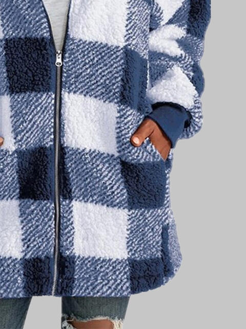 Plaid Zip-Up Hooded Jacket with Pockets Luvéillé