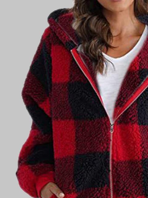 Plaid Zip-Up Hooded Jacket with Pockets Luvéillé