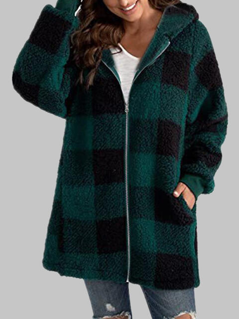 Plaid Zip-Up Hooded Jacket with Pockets Luvéillé