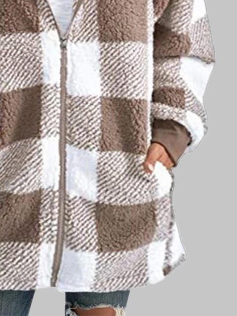 Plaid Zip-Up Hooded Jacket with Pockets Luvéillé