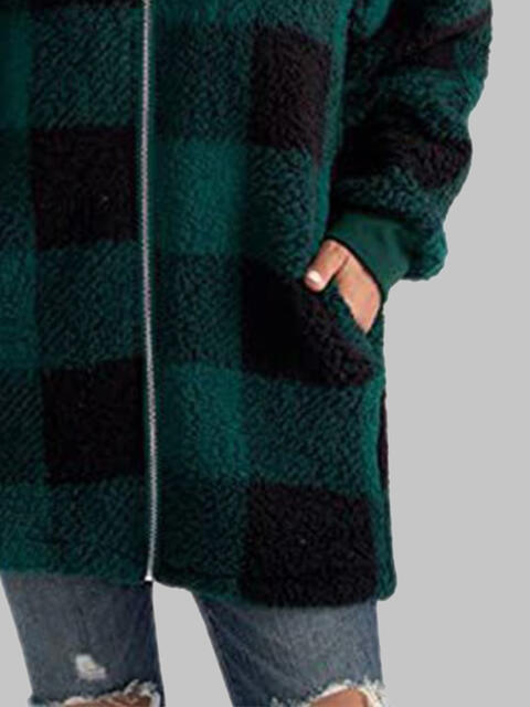 Plaid Zip-Up Hooded Jacket with Pockets Luvéillé