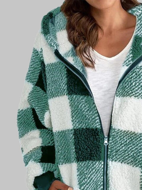 Plaid Zip-Up Hooded Jacket with Pockets Luvéillé