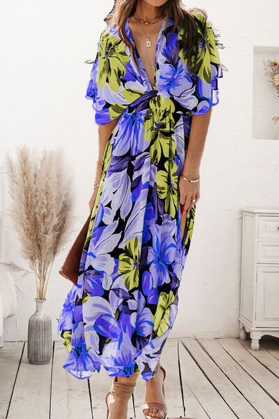 Plunge Split Printed Short Sleeve Dress Luvéillé