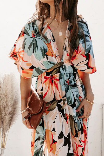 Plunge Split Printed Short Sleeve Dress Luvéillé