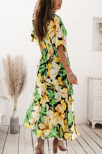 Plunge Split Printed Short Sleeve Dress Luvéillé