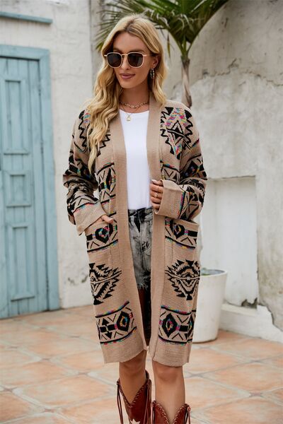 Pocketed Geometric Open Front Dropped Shoulder Cardigan Luvéillé