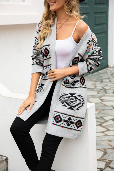 Pocketed Geometric Open Front Dropped Shoulder Cardigan Luvéillé
