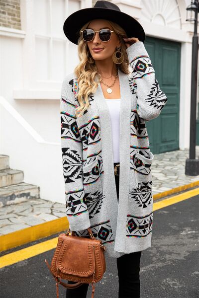 Pocketed Geometric Open Front Dropped Shoulder Cardigan Luvéillé