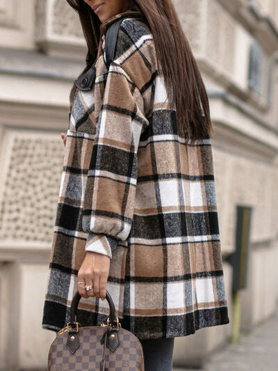 Pocketed Plaid Button Up Dropped Shoulder Shacket Luvéillé